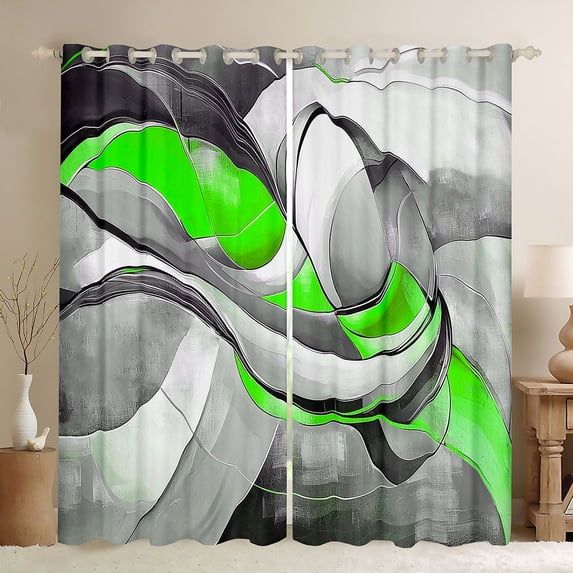 Homewish Green Swirl Geometric Kitchen Curtains,Modern Abstract Black Out Curtains Pack of 2 (42x63 Each)