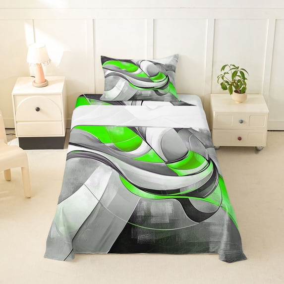 Homewish Green Swirl Geometric Twin Sheets,Modern Abstract Bedding,3-Piece,1 Fitted Sheet and 1 Pillowcase