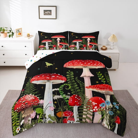 Homewish Green Tree Leaves 3 Pieces Queen Comforter Set for Female Men Women,Botanical Red Mushroom Ultra Soft Bedding Sets,Starry Sky Bedding Comforter Set Breathable,Lightweight Room Decor