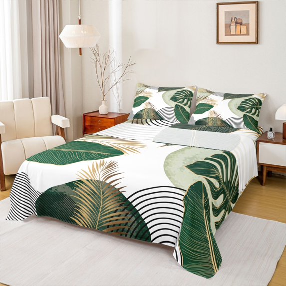 Homewish Green Tree Leaves 4-Piece Full Size Sheets For Female Men Adults,Abstract Geometric Stripes Bed Sheets,Botanical Plants Lightweight Sheet Sets,Luxury Bedroom Decor