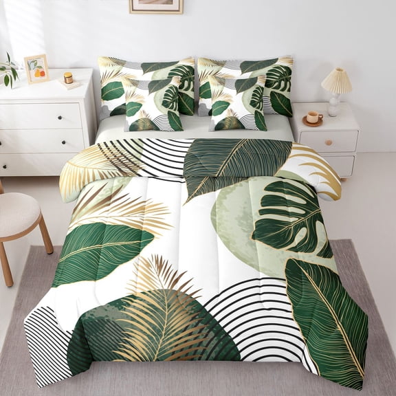 Homewish Green Tree Leaves 7pcs Bedding Comforter Set For Female Men Adults,Abstract Geometric Stripes Queen Bedding Sets Super Cozy,Botanical Plants Queen Sheet Sets,Luxury Bedroom Decor,Reversible