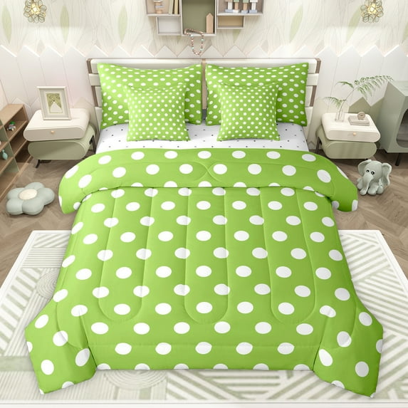 Homewish Green White Geometric Circle Boy Girl Twin Bedding Sets 7-Piece,Polka Dots Bedding Comforter Set Microfiber,Vintage Aesthetic Breathable Sheet Sets,Luxury Bedroom Decor,Reversible