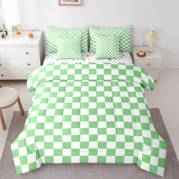 Homewish Green White Grid 7-Piece Bedding Comforter Set For Kids Children Teens,Geometric Buffalo King Bedding Sets,Minimalist Abstract Ultra Soft Bed Sheets,Microfiber Bedroom Decor,Reversible
