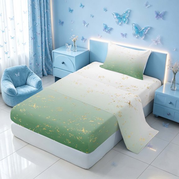 Homewish Green White Twin Sheets, Abstract Gradient Ombre Bedding, 3pcs (1 Flat Sheet, 1 Fitted Sheet and 1 Pillowcase)