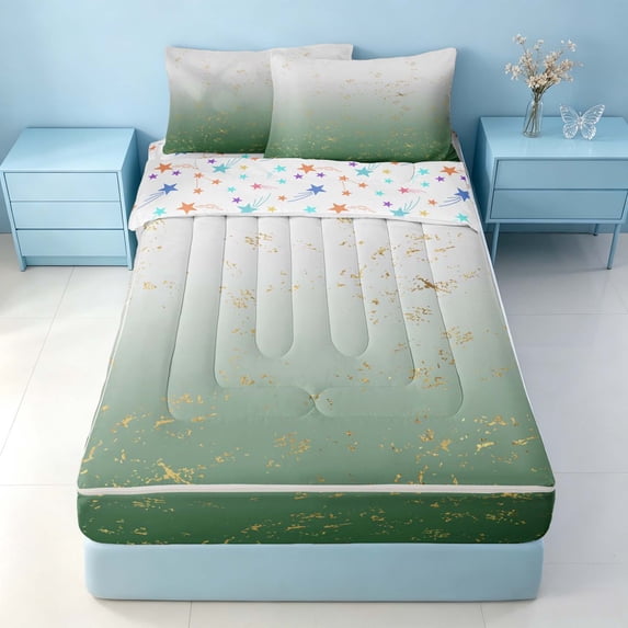Homewish Green White Zipper Twin Comforter Sets with Fitted Sheet and 2 Pillowcases, Abstract Gradient Ombre Zipper Bedding Set