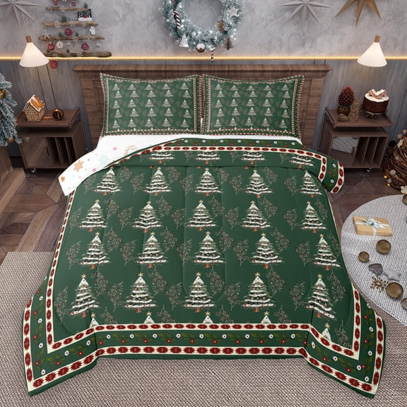 Homewish Green Xmas Tree Bedding Comforter Set for Teens, Bohemian Western Aztec Twin Comforter Sets, Merry Christmas Reversible Bedding Set, Lightweight Room Decor, 2pcs