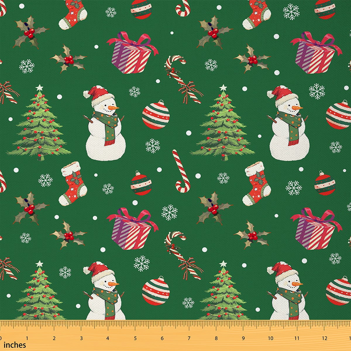 Homewish Green Xmas Tree Fabric by the Yard 2 Yards for Girls, Kawaii Winter Snowman Sewing Fabric, Santa Claus Gift Fabric for Sewing, Breathable Home Decor