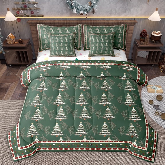 Homewish Green Xmas Tree Twin Bedding Sets 7-Piece for Teens, Bohemian Western Aztec Bedding Comforter Set, Merry Christmas Reversible Sheet Sets, Lightweight Room Decor