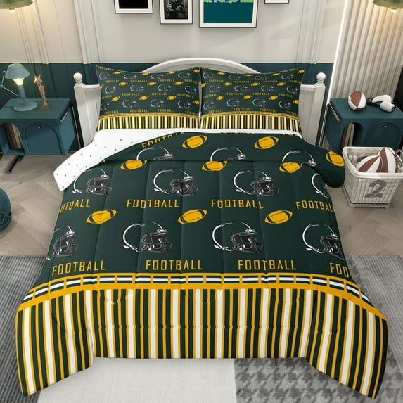 Homewish Green Yellow Queen Comforter Set,Rugby Football Sport Bedding Sets,Ball Game Lovers Bedding Comforter Set For Boys,Microfiber Bedroom Decor Reversible,3pcs
