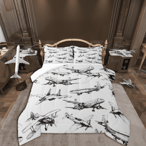Homewish Grey Airplane Boy 3-Piece Full Size Comforter Sets,Transportation Theme Bedding Comforter Set,Aircraft Airplane Lightweight Bedding Sets,Super Cozy Room Decor
