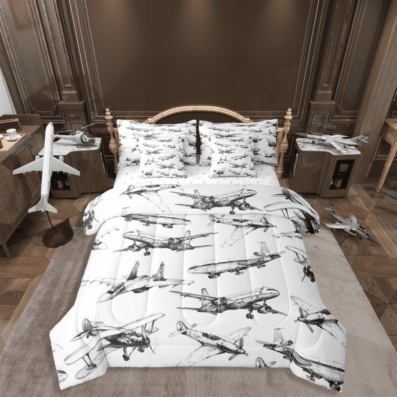 Homewish Grey Airplane Boy 7-Piece Bedding Comforter Set,Transportation Theme King Bedding Sets,Aircraft Airplane Ultra Soft Bed Sheets,Super Cozy Room Decor,Reversible