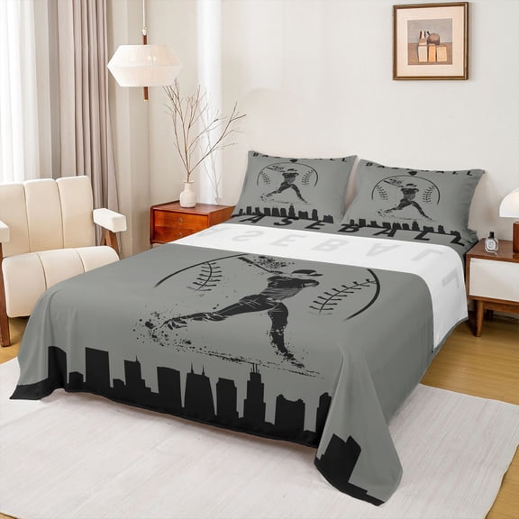 Homewish Grey Black Baseball Bed Sheets for Teens, Vintage American Sports King Sheets, Cartoon City Print Sheet Set, Luxury Bedroom Decor, 4-Piece