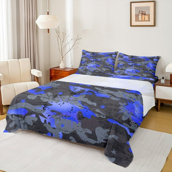 Homewish Grey Blue Watercolor Bed Sheets, Chic Splash Camo King Sheets, Teens Kids Boys Girls Sheet Set, Microfiber Bedroom Decor, 4pcs