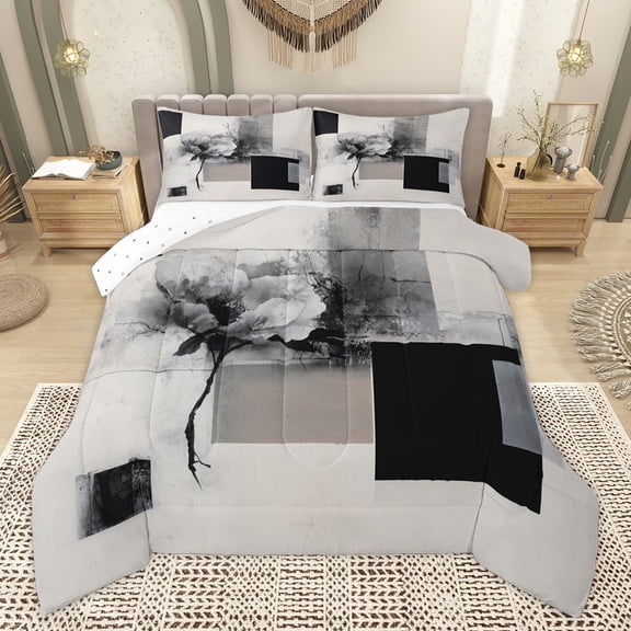 Homewish Grey Ink Floral Bedding Comforter Set for Adult, Fashion Square Abstract Twin Comforter Sets, Modern Art Theme Reversible Bedding Set, Luxury Bedroom Decor, 2-Piece