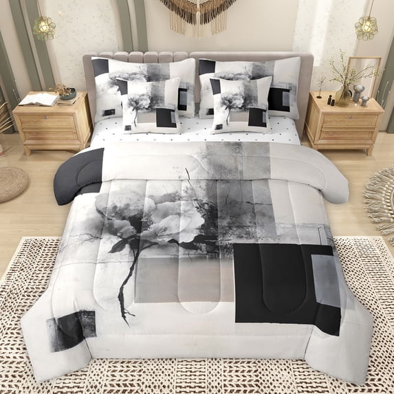 Homewish Grey Ink Floral Twin Bedding Sets 7-Piece for Adult, Fashion Square Abstract Bedding Comforter Set, Modern Art Theme Reversible Sheet Sets, Luxury Bedroom Decor