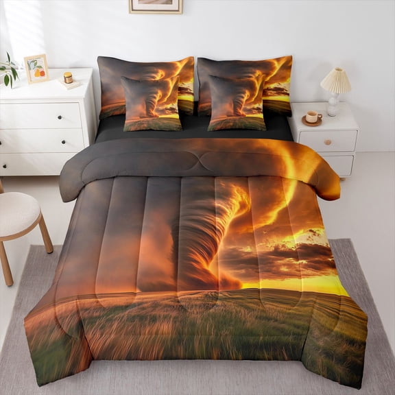 Homewish King 7-Piece Grey Orange Tornado Natural Disaster Bedding Set