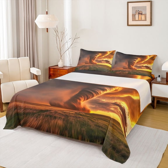 Homewish Grey Orange Tornado Full Size Sheets 4-Piece for Female Men Adults,Natural Disaster Breathable Bed Sheets,Abstract Nature Theme Lightweight Sheet Sets,Lightweight Room Decor