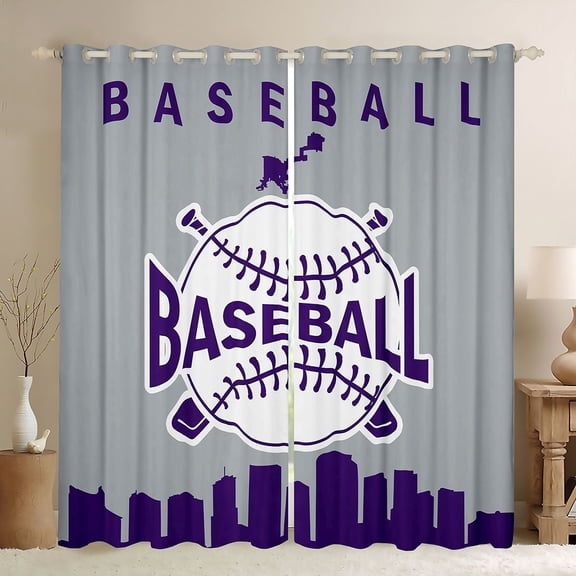 Homewish Grey Purple Sports Black Out Curtains, Cartoon Baseball Game Curtains Pack of 2 (42x63 Each), Teens Kids Boys Girls Bedroom Curtains, Blackout Curtains Bedroom Decor