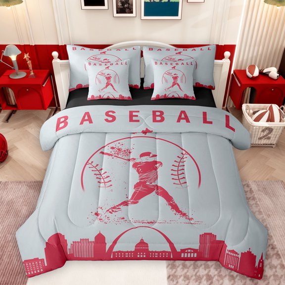Homewish Grey Red Baseball Bedding Comforter Set 7pcs for Teens, Vintage American Sports King Bedding Sets, Cartoon City Print Reversible Bed Sheets, Breathable Home Decor