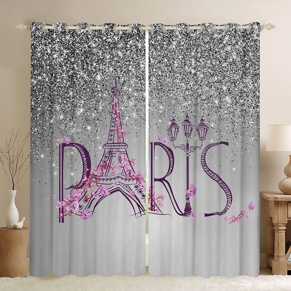 Homewish Grey Sequin Print Curtains Pack of 2 (42x84 Each) for Girl, Paris Eiffel Tower Curtains Blackout, Fashion Flower Butterfly Bedroom Curtains, Curtains and Drapes Room Decor