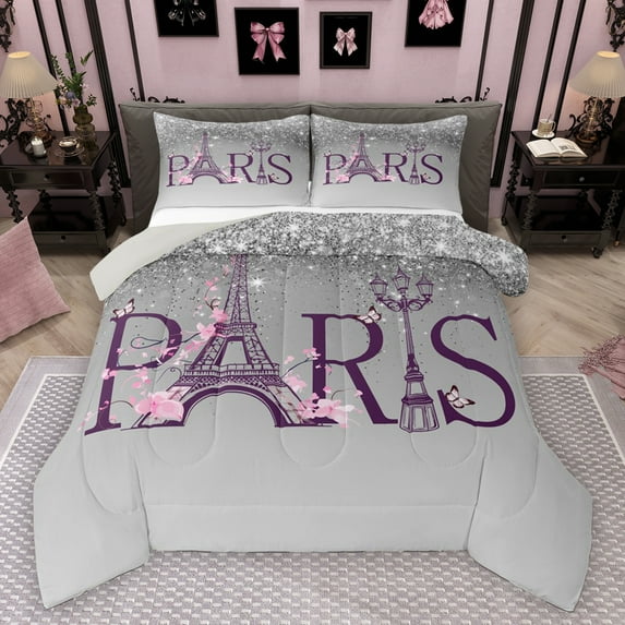 Homewish Grey Sequin Print Full Size Comforter Sets for Girl, Paris Eiffel Tower Bedding Comforter Set, Romantic Flower Butterfly Reversible Bedding Sets, Super Cozy Room Decor, 3-Piece
