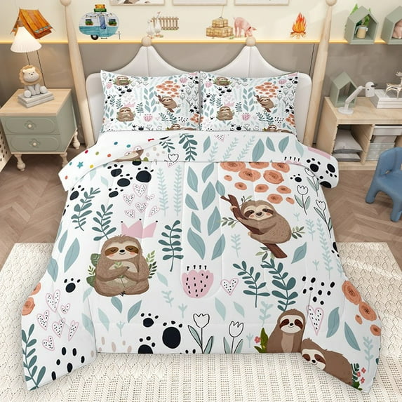 Homewish Grey Sloth 3-Piece Full Size Comforter Sets for Teens Boys Girls,Flower Animal Bedding Comforter Set,Dreamy Princess Lightweight Bedding Sets,Ultra Soft Home Decor,Reversible