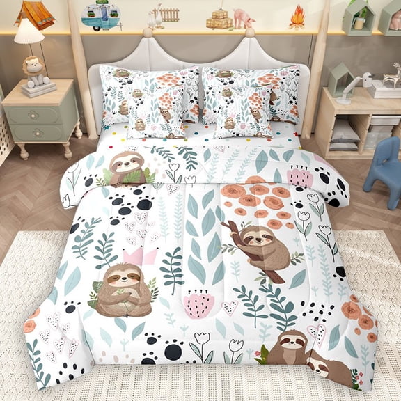Homewish Grey Sloth 7pcs Bedding Comforter Set for Teens Boys Girls,Flower Animal Queen Bedding Sets Super Cozy,Dreamy Princess Queen Sheet Sets,Ultra Soft Home Decor,Reversible