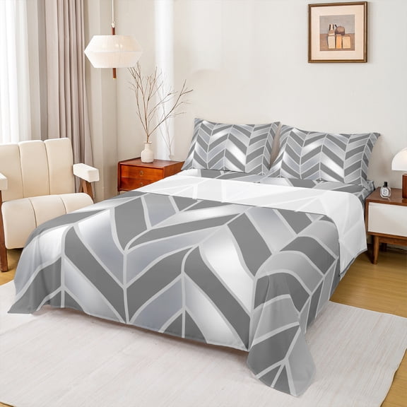 Homewish Grey Stripe Abstract Twin Sheet Sets for Women, Chic Rectangle Square Art Twin Fitted Sheet, Modern Fashion Style Flat Sheet, Lightweight Room Decor, 3pcs