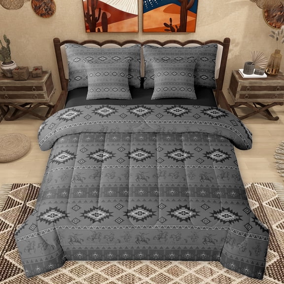 Homewish Grey Triangle Aztec Bedding Comforter Set, Western Hippie Bohemian King Bedding Sets, Tribal Cowgirl Cowboy Reversible Bed Sheets, Microfiber Bedroom Decor