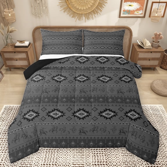Homewish Grey Triangle Aztec Queen Comforter Set, Western Hippie Bohemian Bedding Sets, Tribal Cowgirl Cowboy Reversible Bedding Comforter Set, Microfiber Bedroom Decor, 3-Piece