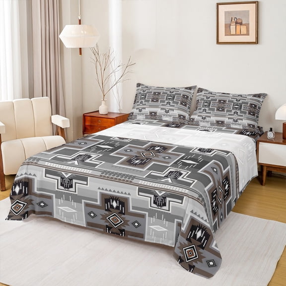 Homewish Grey Tribal Aztec Twin Sheet Sets, Boho Hippie Triangle Twin Fitted Sheet, Teens Kids Adult Men Women Flat Sheet, Ultra Soft Bedroom Decor, 3 Pieces