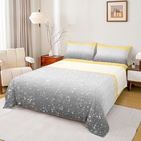 Homewish Grey Yellow Rainbow Bed Sheets, Fashion Bling Stars Print King Sheets, Teens Kids Girls Women Sheet Set, Luxury Bedroom Decor, 4pcs
