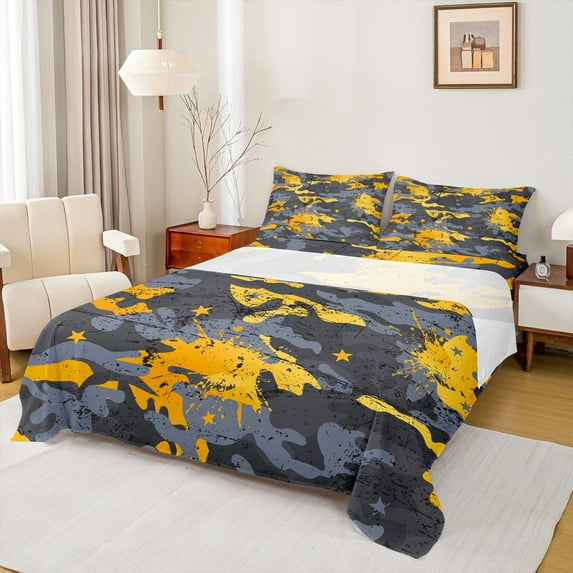 Homewish Grey Yellow Watercolor Twin Sheet Sets, Chic Splash Camo Twin Fitted Sheet, Teens Kids Boys Girls Flat Sheet, Super Cozy Room Decor, 3pcs
