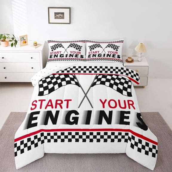 Homewish Grid Flag 2pcs Bedding Comforter Set for Teens Children Boys,Geometric Plaid Twin Comforter Sets,Racing Car Theme Breathable Bedding Set,Ultra Soft Home Decor,Reversible