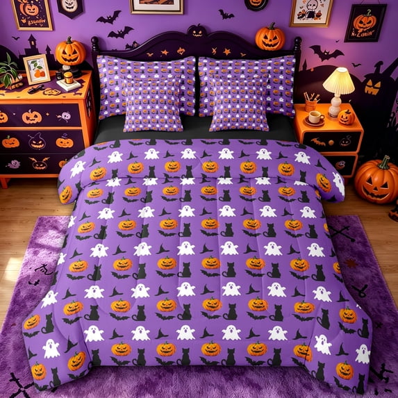 Homewish Grid Pumpkin Ghost Queen Bedding for Kids, Halloween Bat Cat Bedding Comforter Set Queen, Black Reversible, 7-Piece