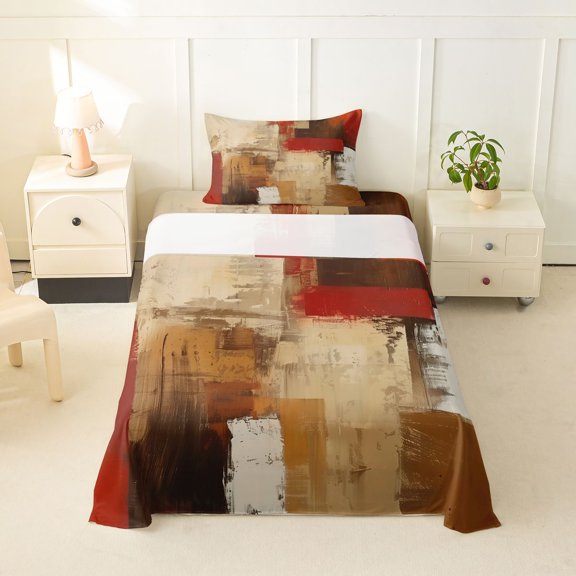 Homewish Grunge Abstract Twin Sheets,Mid Century Aesthetic Bedding,Cream,3pcs,1 Fitted Sheet and 1 Pillowcase