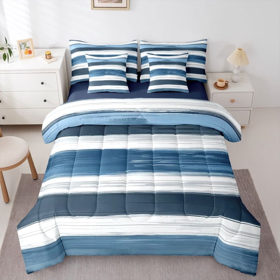 Homewish Grunge Blue Lines 7-Piece Twin Bedding,Abstract Aesthetic Bedding Comforter Set,Navy Blue Reversible