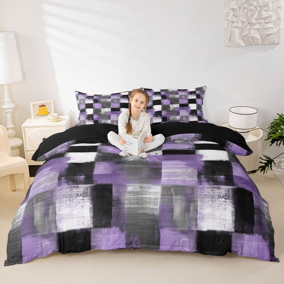 Homewish Grunge Checkered Bedding,Aesthetic Artwork Duvet Cover Full,Purple White,Black Reversible,3pcs,1 Duvet Cover and 2 Pillowcases