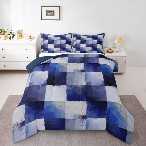 Homewish Grunge Checkered Queen Comforter Set,Minimalist Aesthetic Comforter Sets Queen,Navy,Navy Blue Reversible,3pcs,1 Comforter and 2 Pillowcases