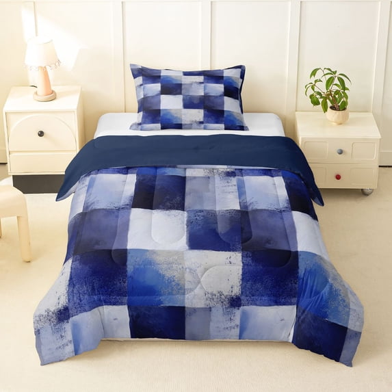 Homewish Grunge Checkered Twin Comforter Sets,Minimalist Aesthetic Bedding Set,Navy,Navy Blue Reversible,2-Piece,1 Comforter and 1 Pillowcase