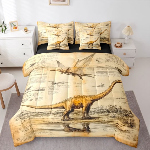 Homewish Grunge Dino Print 7-Piece King Bedding,Retro Sketch Dinosaur King Bed in a Bag,Brown,Black Reversible