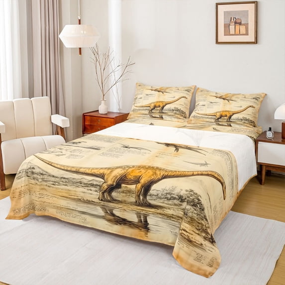 Homewish Grunge Dino Print Bed Sheets,Retro Sketch Dinosaur Full Size Sheets,Brown,4 Pieces,1 Flat Sheet, 1 Fitted Sheet and 2 Pillowcases