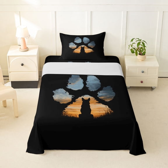 Homewish Grunge Dog Paws Twin Sheets,Vintage Pet Themed Bedding,Black,3 Pieces,1 Fitted Sheet and 1 Pillowcase