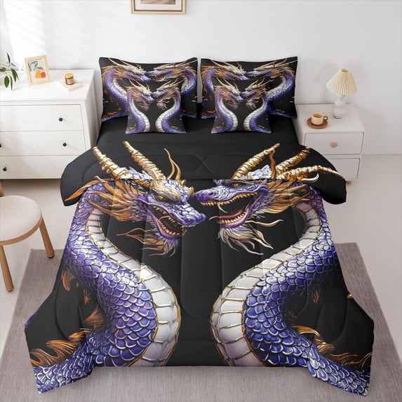 Homewish Grunge Dragon 7 Pieces Full Size Bedding Sets,Rustic Wildlife Full Size Bed in a Bag,Purple,Black Reversible