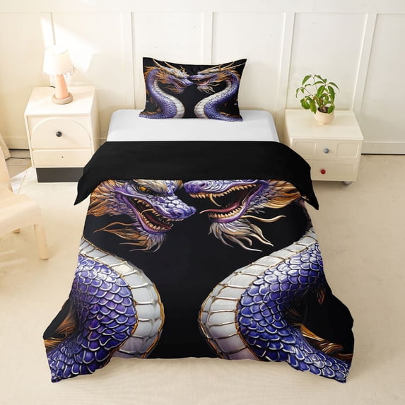 Homewish Grunge Dragon Twin Duvet Cover,Rustic Wildlife Twin Bedding,Purple,Black Reversible,2 Pieces,1 Duvet Cover and 1 Pillowcase