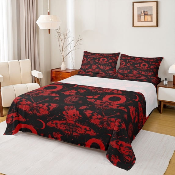 Homewish Grunge Moth Skull Queen Sheets,Moon Flowers Queen Sheet Sets,Red Black,Halloween Bed Set,4 Pieces,1 Flat Sheet, 1 Fitted Sheet and 2 Pillowcases