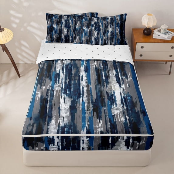 Homewish Grunge Navy Zipper Queen Comforter Set with Fitted Sheet and 2 Pillowcases,Modern Abstract Zipper Bedding Set,Navy Black,Reversible,4pcs