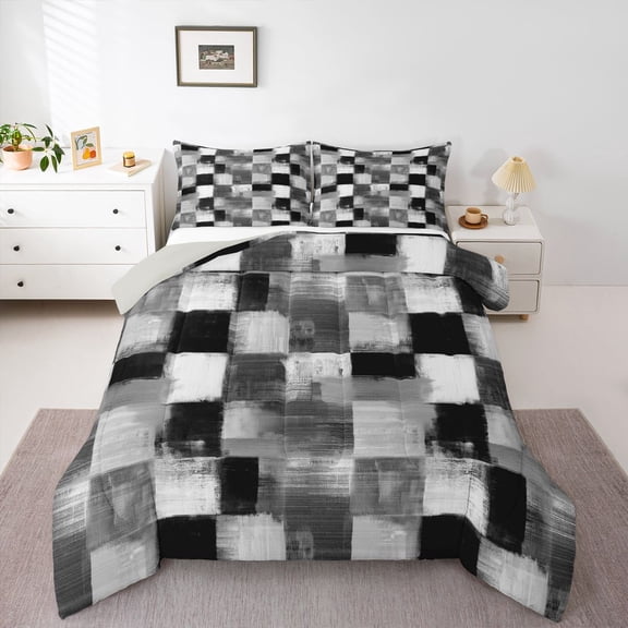 Homewish Grunge Ombre Checkered Queen Comforter Set,Retro Artwork Comforter Sets Queen,Gray White,Light Gray Reversible,3-Piece,1 Comforter and 2 Pillowcases