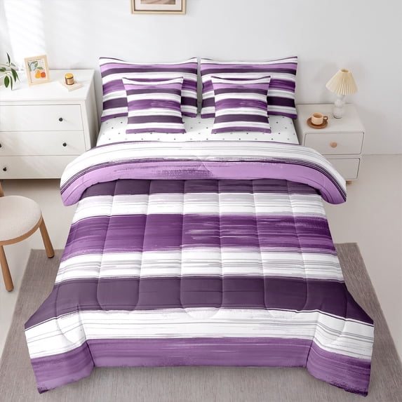 Homewish Grunge Purple Stripes 7-Piece King Bedding,Abstract Geometric King Bed in a Bag,Reversible