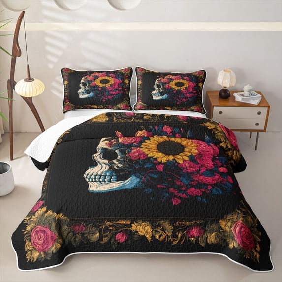 Homewish Grunge Skull Quilt Full,Sunflowers Floral Full Bedspread Sets,Halloween Duvet,3pcs